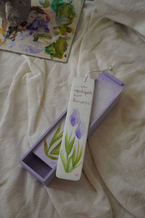 Σετ σελιδοδείκτης - κασετίνα μωβ άνθη